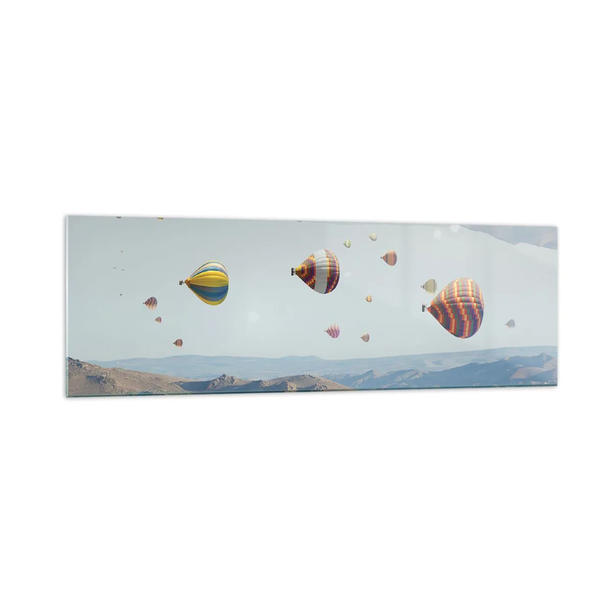 Obraz na szkle - Kolorowe balony nad skalnym krajobrazem - 160x50cm - Tu wszystko jest możliwe - Nowoczesna dekoracja ścienna do salonu i sypialni ARTTOR