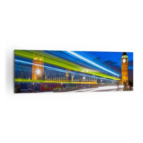 Obraz na płótnie - Big Ben nocą z efektem świateł w ruchu na ulicy - 160x50cm - Pod okiem Big Bena - Nowoczesna dekoracja ścienna do salonu i sypialni ARTTOR