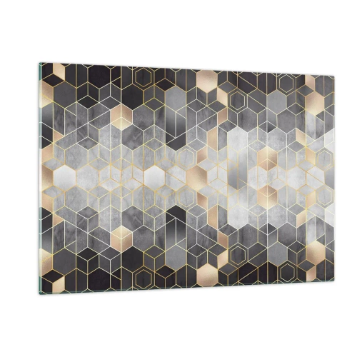 Obraz na szkle - Geometryczny wzór z heksagonów w złotych liniach - 120x80cm - Diamentowa kompozycja - Nowoczesna dekoracja ścienna do salonu, kuchni i sypialni ARTTOR