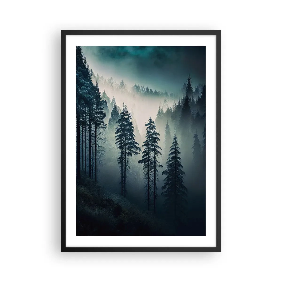 Plakat w czarnej ramie - Mroczny las spowity mgłą - 50x70cm - Górski poranek - Nowoczesna dekoracja ścienna do salonu i sypialni ARTTOR