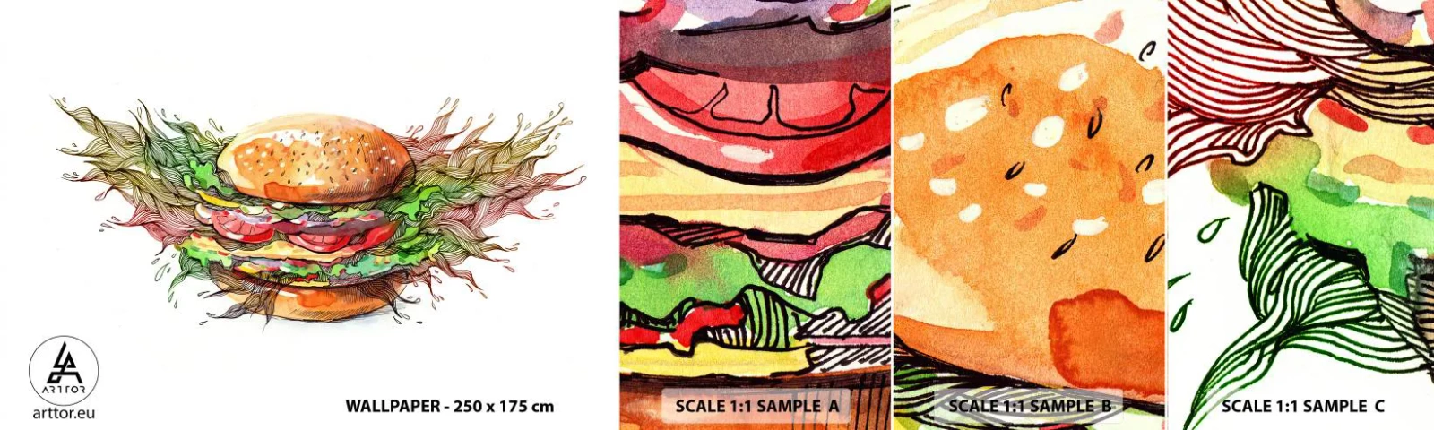 Fototapeta Próbka Samoprzylepna Deluxe Sticker - Gorąca pokusa - Gastronomia, Hamburger, Kulinaria - 100x30 cm