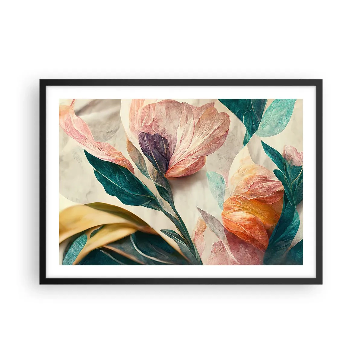 Plakat w czarnej ramie - Kolorowe kwiaty w tropikalnym stylu na jasnym tle - 70x50cm - Kwiaty wysp południowych - Nowoczesna dekoracja ścienna do salonu i sypialni ARTTOR