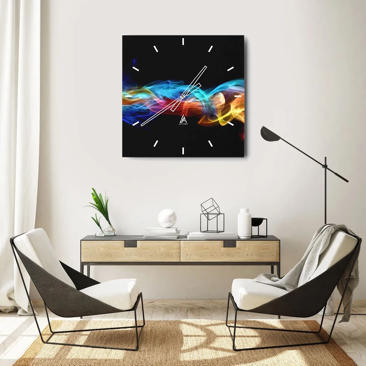 Zegar ścienny - Kolorowy dym na czarnym tle - 30x30cm - Tęczowy taniec mgieł - Nowoczesna dekoracja ścienna do salonu i sypialni ARTTOR