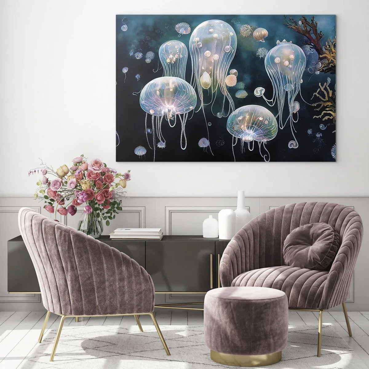 Obraz na szkle - Meduzy w świetlistym tańcu podwodnego świata - 70x50cm - Podwodny bal - Nowoczesna dekoracja ścienna do salonu i sypialni ARTTOR