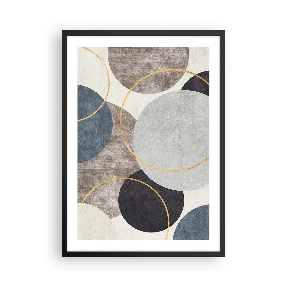 Plakat w czarnej ramie - Abstrakcyjna kompozycja geometryczna z okręgami w odcieniach niebieskiego - 50x70cm - Koło za kołem - Nowoczesna dekoracja ścienna do salonu i sypialni ARTTOR