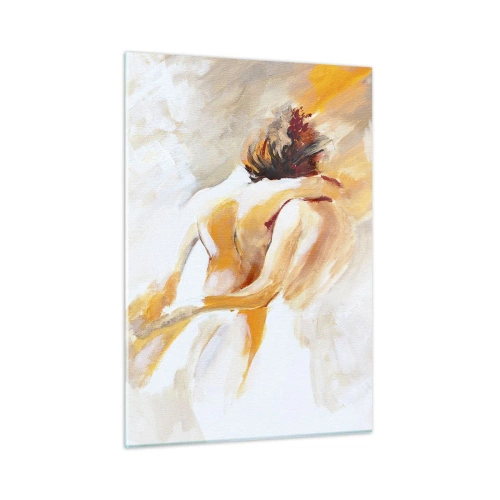 Obraz na szkle - Delikatny akt w ciepłych pastelowych barwach - 50x70cm - W niebie bliskości - Nowoczesna dekoracja ścienna do salonu, kuchni i sypialni ARTTOR