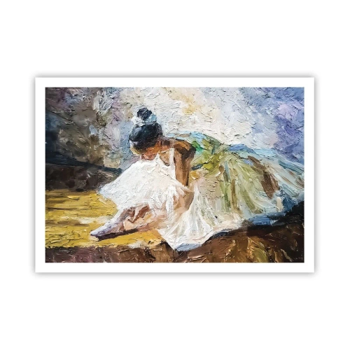 Plakat - Balerina w białej sukni w malarskim stylu na tle impresjonistycznym - 100x70cm - Z obrazu Degasa - Nowoczesna dekoracja ścienna do salonu i sypialni ARTTOR