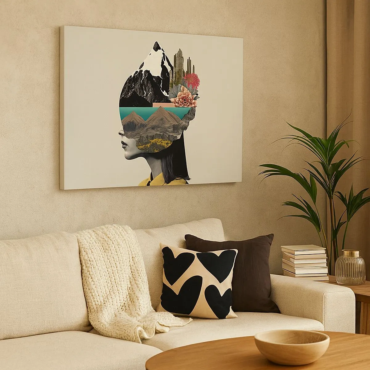 Obraz na płótnie - Kolaż kobiety z krajobrazem górskim i kwiatami - 70x50cm - Kobieta – zawsze tajemnica - Nowoczesna dekoracja ścienna do salonu i sypialni ARTTOR