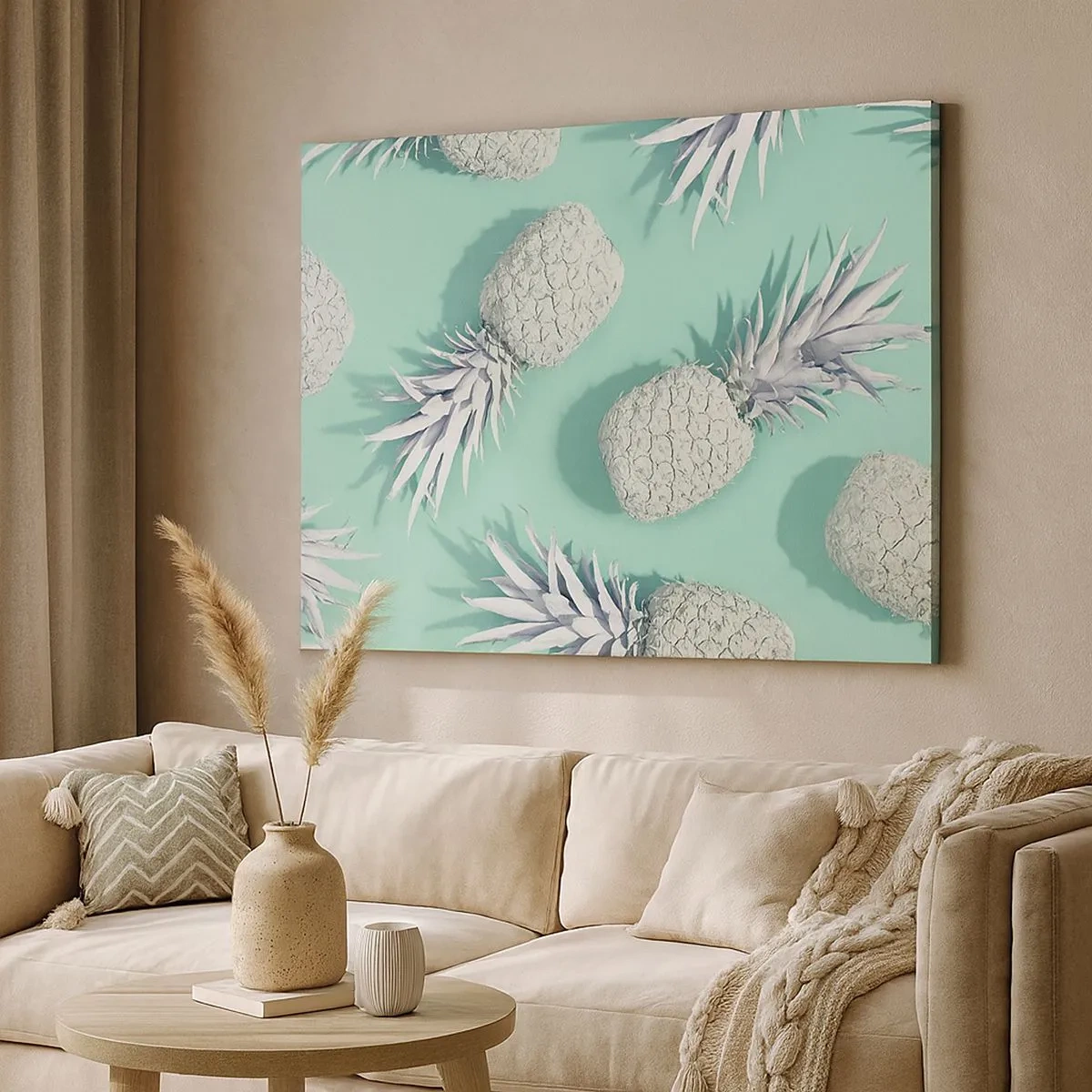 Obraz na płótnie - Białe ananasy na pastelowym tle w stylu minimalistycznym - 70x50cm - świetnie komponują się z miętą - Nowoczesna dekoracja ścienna do salonu i sypialni ARTTOR