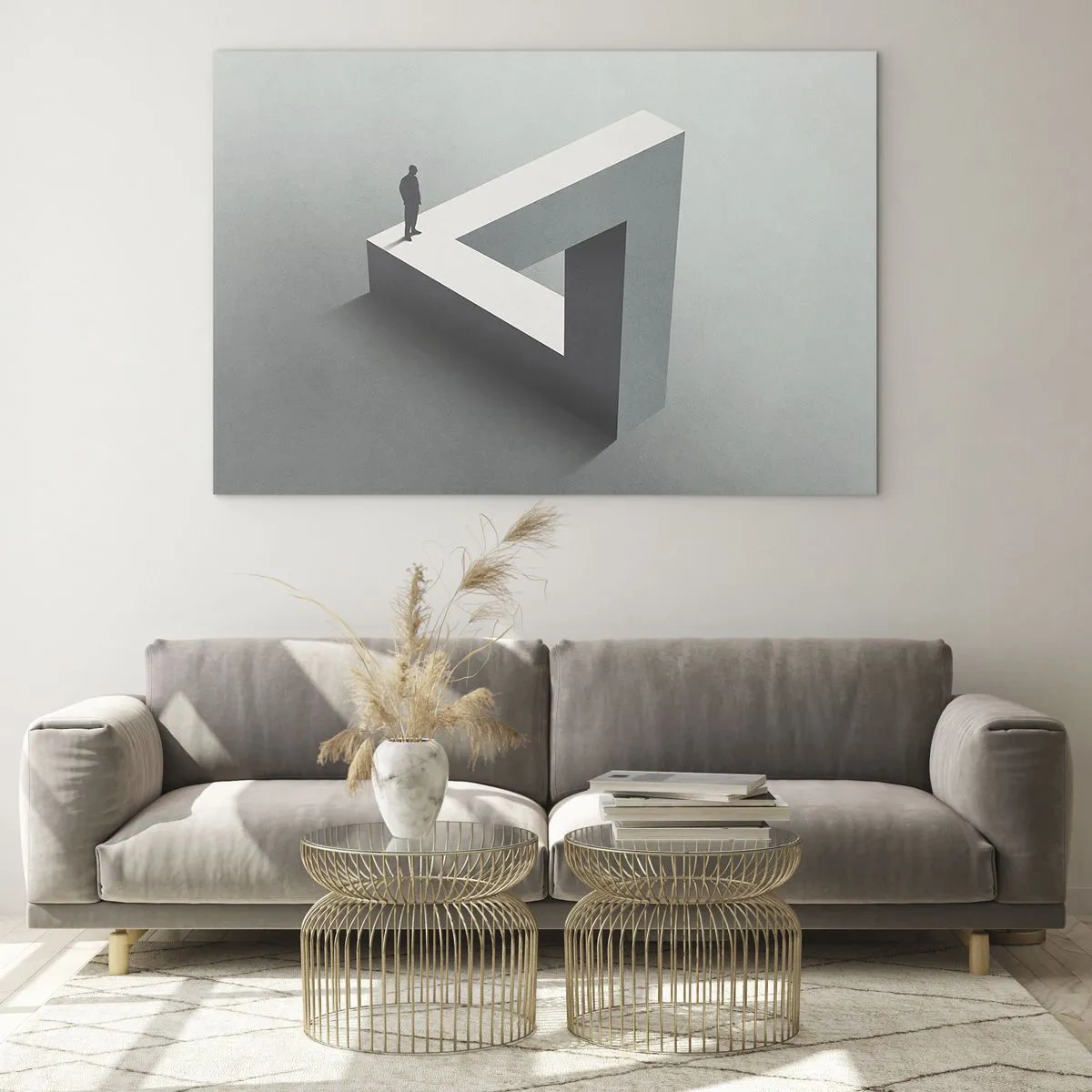 Obraz na szkle - Postać na geometrycznej strukturze w stylu iluzji optycznej - 70x50cm - A jednak możliwe - Nowoczesna dekoracja ścienna do salonu i sypialni ARTTOR