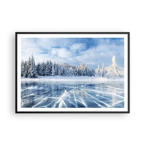 Plakat w czarnej ramie - Zamarznięte jezioro otoczone zaśnieżonym lasem - 100x70cm - Olśniewający i krystaliczny widok - Nowoczesna dekoracja ścienna do salonu i sypialni ARTTOR