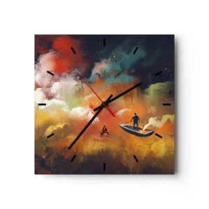 Zegar ścienny - Postać w łodzi na tle kolorowych chmur - 30x30cm - Łodzią przez galaktykę - Nowoczesna dekoracja ścienna do salonu i sypialni ARTTOR
