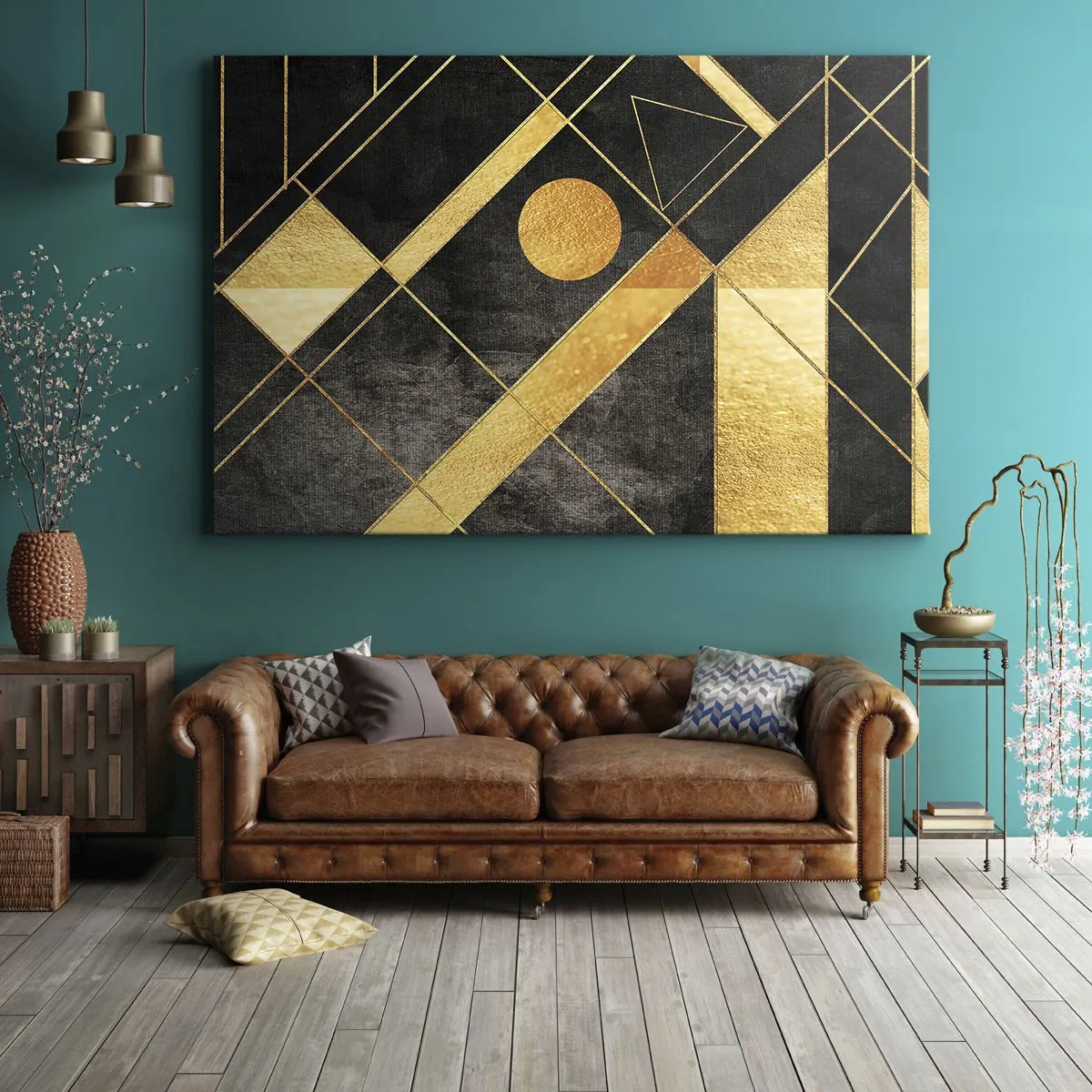Obraz na płótnie - Geometryczne kształty w złotych i czarnych tonacjach - 70x50cm - Słońce pustyni - Nowoczesna dekoracja ścienna do salonu i sypialni ARTTOR