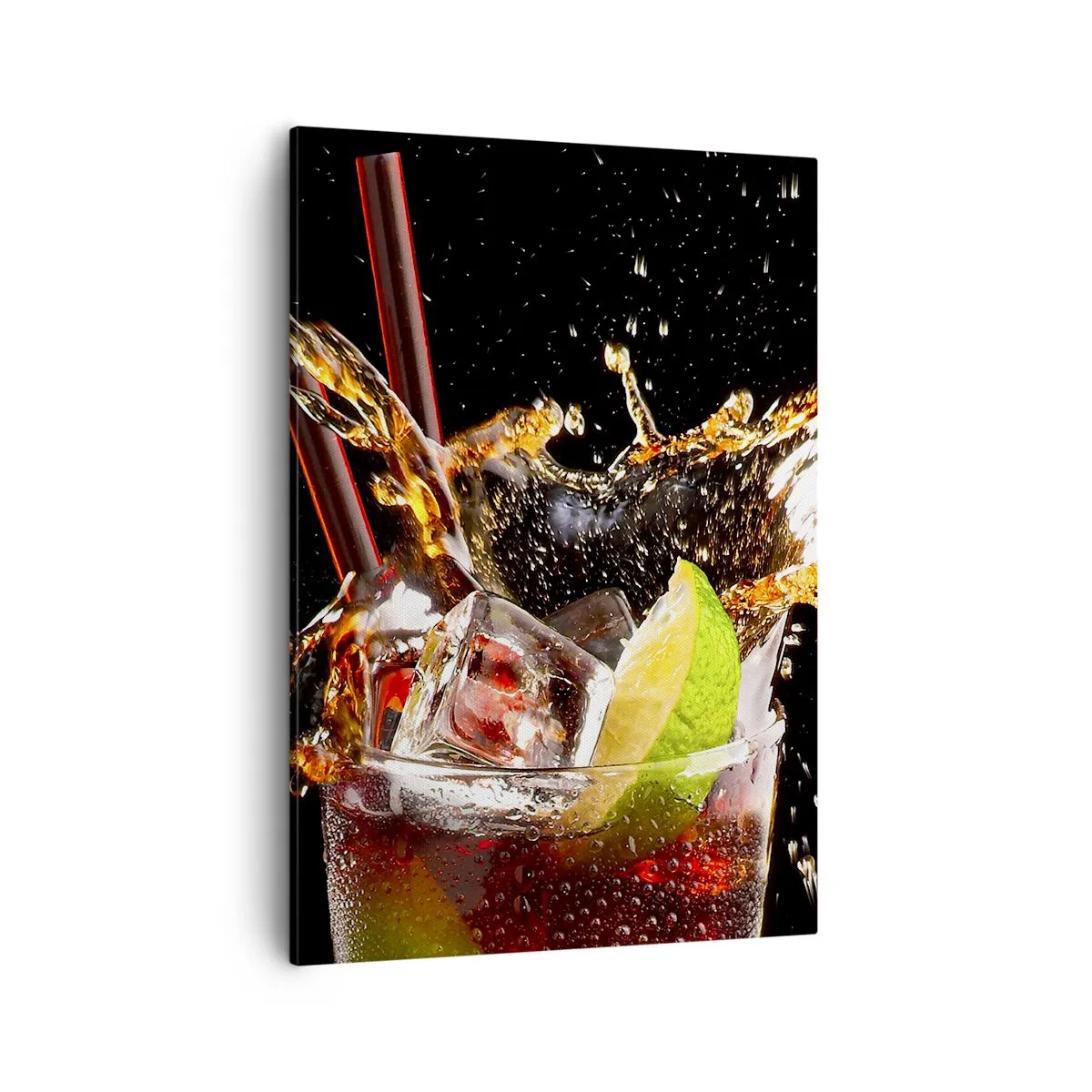 Obraz na płótnie - Drink z lodem i limonką z rozpryskującą się wodą - 50x70cm - Radość i energia kolorów - Nowoczesna dekoracja ścienna do salonu, kuchni i sypialni ARTTOR