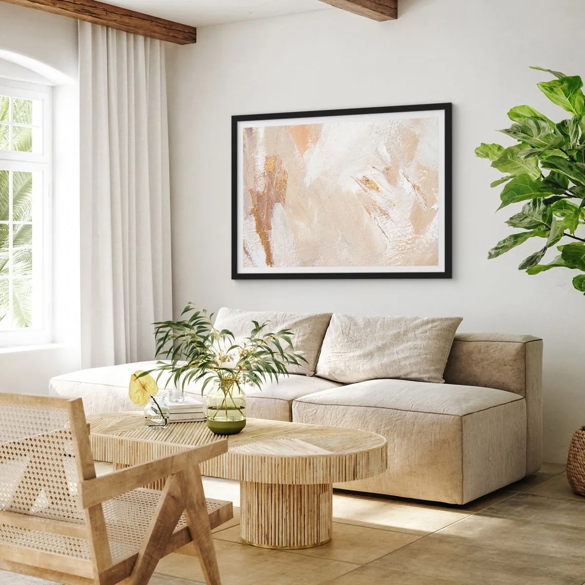 Plakat w czarnej ramie - Delikatne abstrakcyjne tony w odcieniach beżu i złota - 70x50cm - Pastelowa kompozycja - Nowoczesna dekoracja ścienna do salonu i sypialni ARTTOR