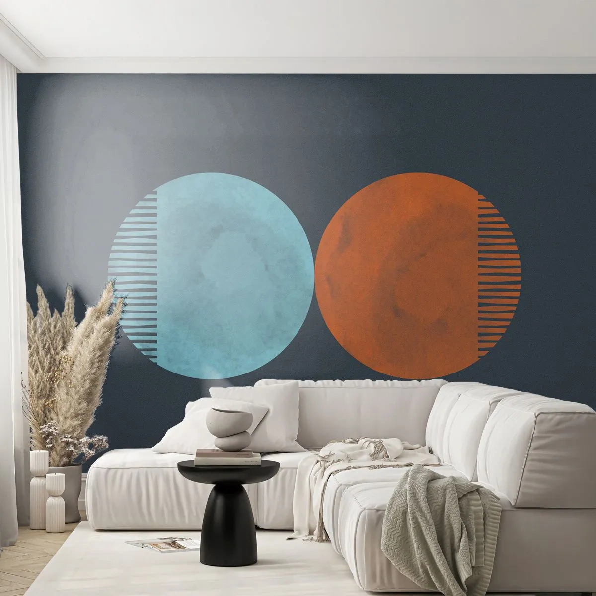 Fototapeta Premium Sand - Abstrakcyjne koła w odcieniach niebieskiego i pomarańczowego - 100x70cm - Tylko geometria? - Nowoczesna dekoracja ścienna do salonu, kuchni i sypialni ARTTOR