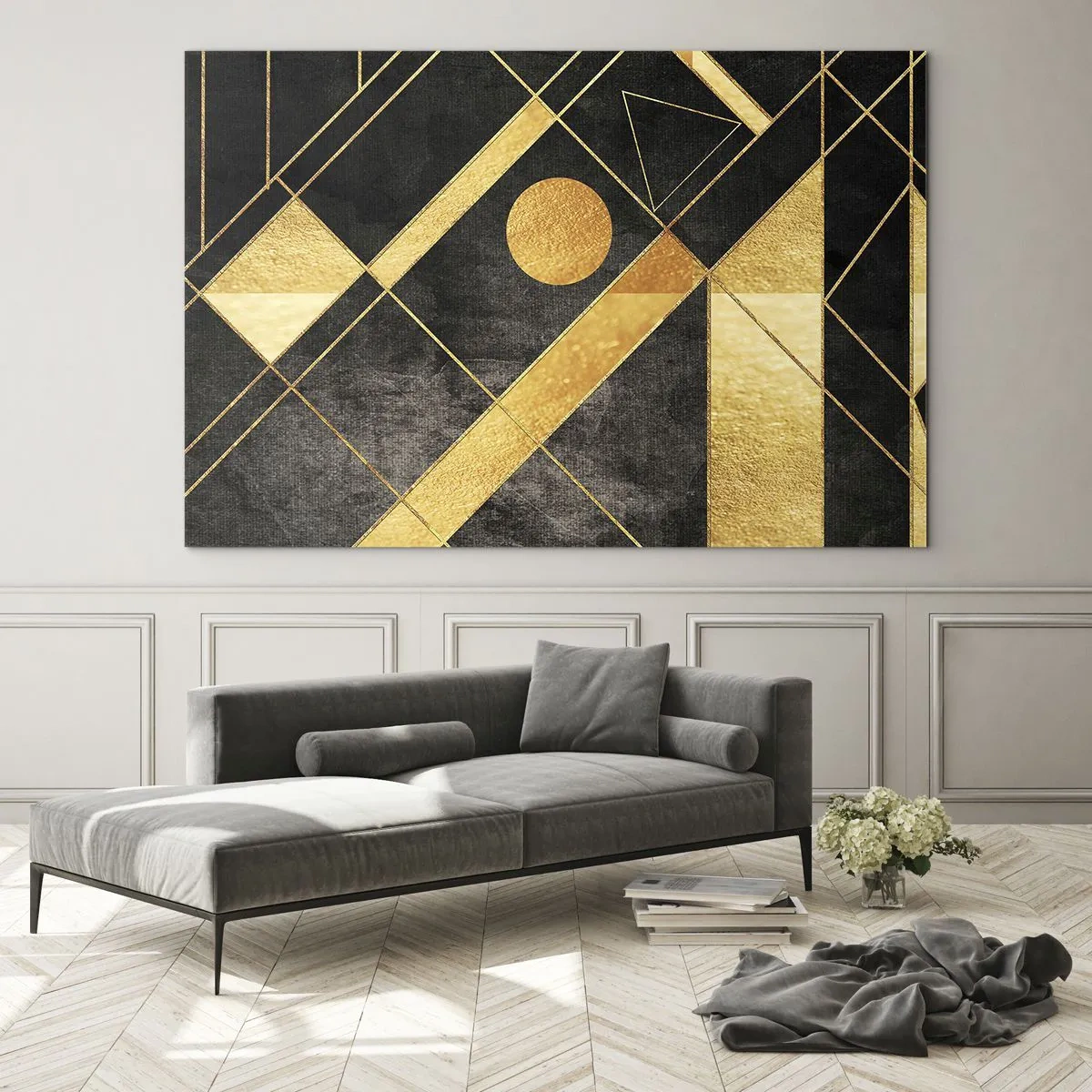 Obraz na szkle - Złote geometryczne wzory na czarnym tle - 120x80cm - Słońce pustyni - Nowoczesna dekoracja ścienna do salonu, kuchni i sypialni ARTTOR