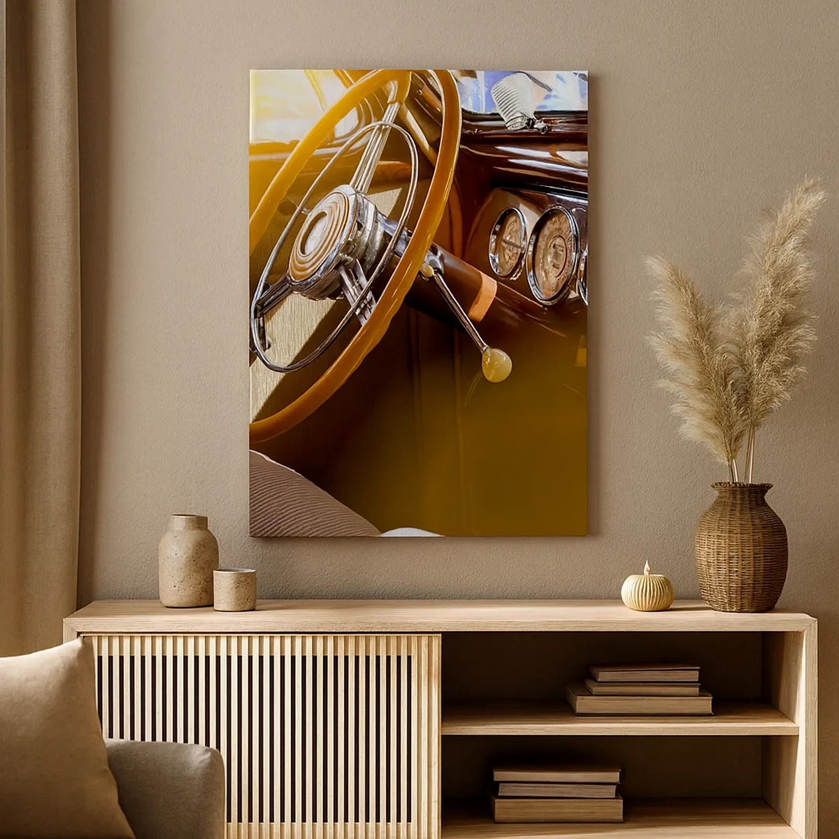 Obraz na płótnie - Zbliżenie na wnętrze klasycznego samochodu z drewnianą kierownicą i chromowanymi detalami - 50x70cm - Powiew luksusu z przeszłości - Nowoczesna dekoracja ścienna do salonu, kuchni i sypialni ARTTOR
