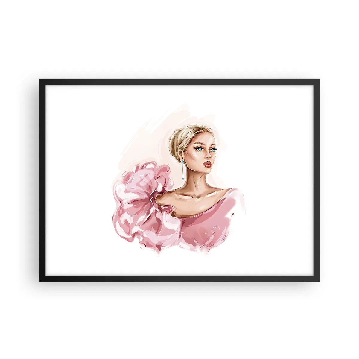 Plakat w czarnej ramie - Portret kobiety w różowej sukni na jasnym tle - 70x50cm - Jak malowana… - Nowoczesna dekoracja ścienna do salonu i sypialni ARTTOR