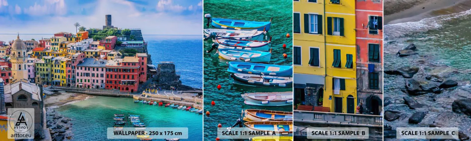 Fototapeta Próbka Samoprzylepna Deluxe Sticker - Śródziemnomorskie magiczne miasteczko - Liguria, Miasto, Włochy - 100x30 cm