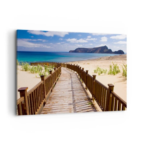 Obraz na płótnie - Drewniana ścieżka prowadząca na plażę z widokiem na ocean - 120x80cm - Zabierz mnie na wyspy szczęśliwe - Nowoczesna dekoracja ścienna do salonu, kuchni i sypialni ARTTOR