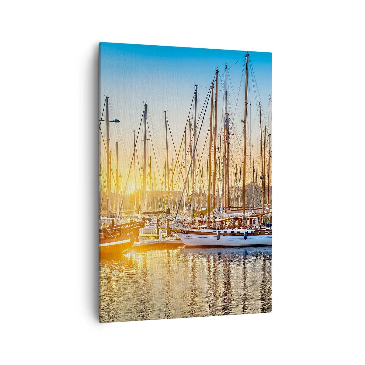 Obraz na płótnie - Zachód słońca nad mariną pełną żaglówek - 70x100cm - Wiatr też musi spać - Nowoczesna dekoracja ścienna do salonu i sypialni ARTTOR