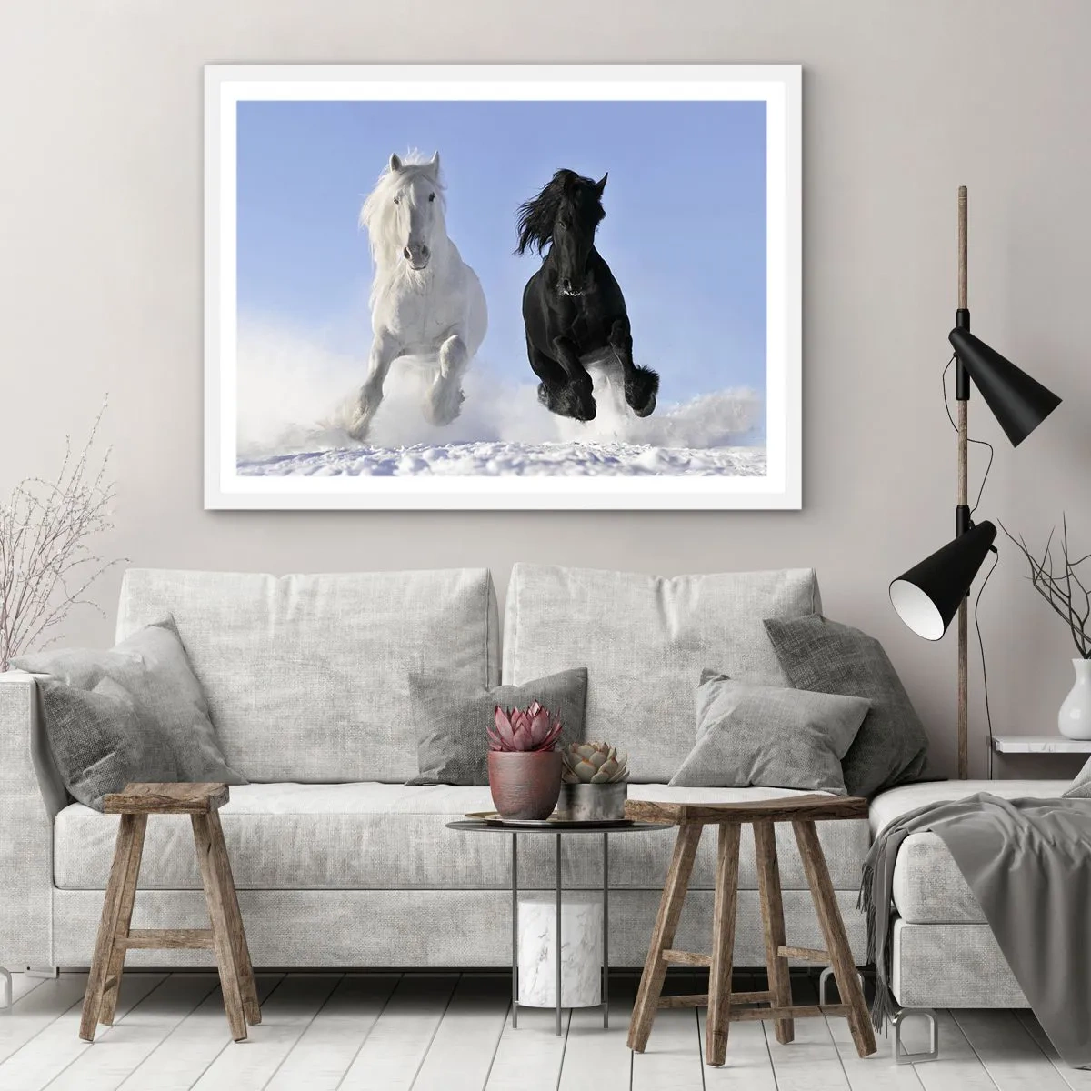 Plakat w białej ramie - Czarno-biały galop - 50x40 cm