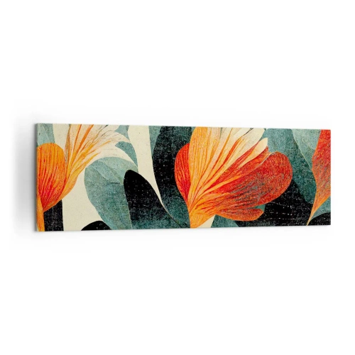 Obraz na płótnie - Kwiaty w intensywnych odcieniach pomarańczu i zieleni - 160x50cm - Żar tropików i chłód zieleni - Nowoczesna dekoracja ścienna do salonu i sypialni ARTTOR