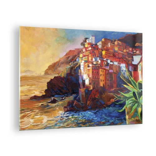 Obraz na szkle - Kolorowe miasteczko na klifie z widokiem na morze - 70x50cm - Włoskie klimaty - Nowoczesna dekoracja ścienna do salonu i sypialni ARTTOR