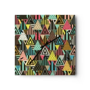 Zegar ścienny - Kolorowy wzór geometryczny z trójkątami i liniami - 30x30cm - W rytmie na trzy - Nowoczesna dekoracja ścienna do salonu i sypialni ARTTOR