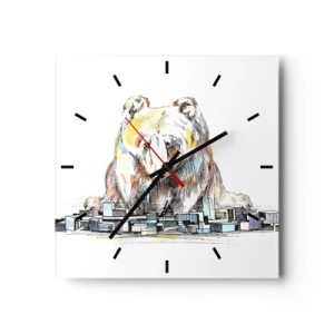 Zegar ścienny - Ilustracja niedźwiedzia z kolorowymi detalami i blokami - 30x30cm - Jak można tak żyć? - Nowoczesna dekoracja ścienna do salonu i sypialni ARTTOR