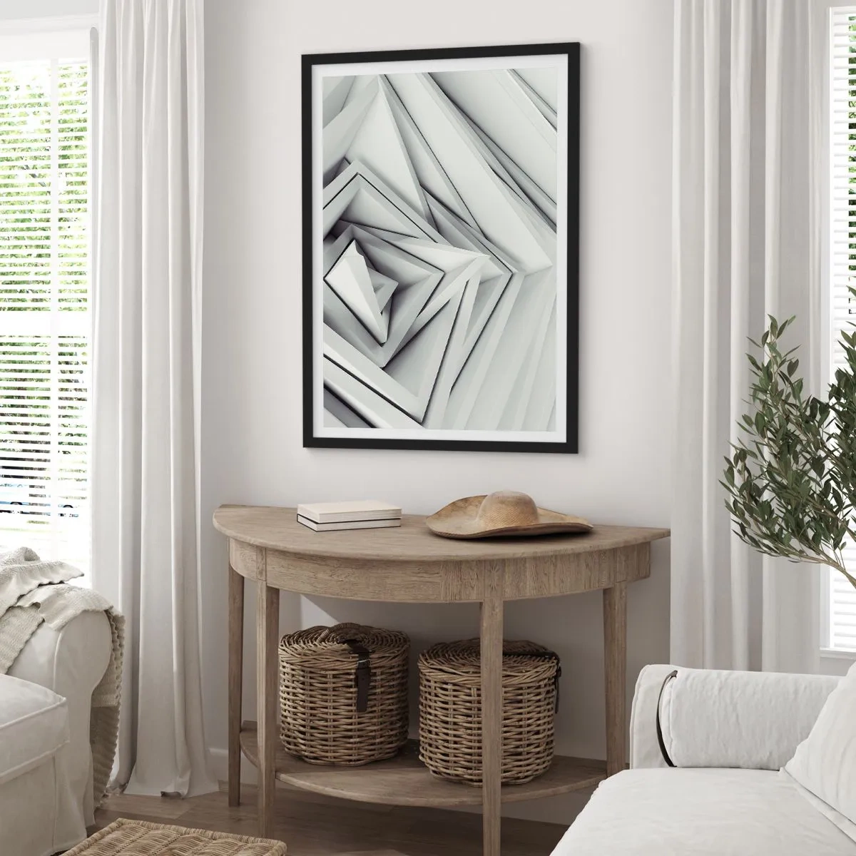 Plakat w czarnej ramie - Abstrakcyjna kompozycja geometrycznych trójkątów w 3D - 50x70cm - Ostrych kątów pąkowie - Nowoczesna dekoracja ścienna do salonu i sypialni ARTTOR