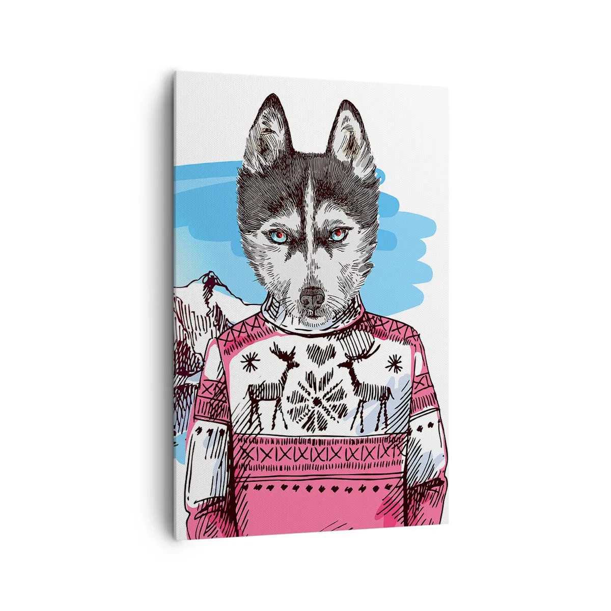 Obraz na płótnie - Wilk w zimowym swetrze na tle górskiego krajobrazu - 80x120cm - Wilk w owczej wełnie - Nowoczesna dekoracja ścienna do salonu i sypialni ARTTOR