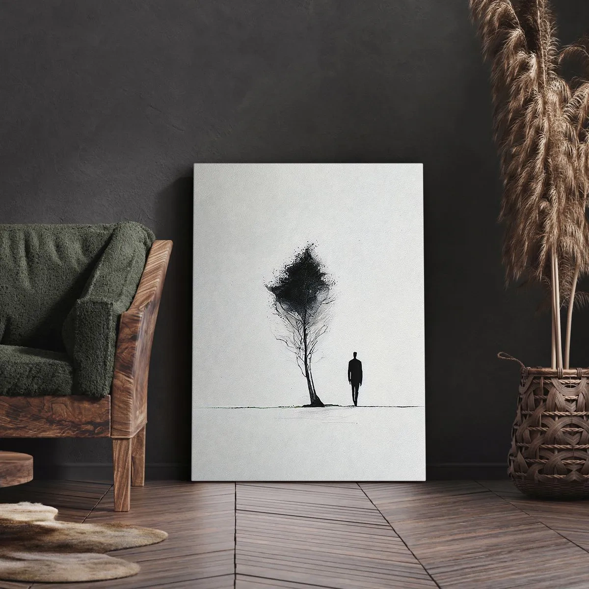 Obraz na płótnie - Minimalistyczna sylwetka człowieka obok drzewa na białym tle - 80x120cm - Wszyscy wędrujemy - Nowoczesna dekoracja ścienna do salonu i sypialni ARTTOR