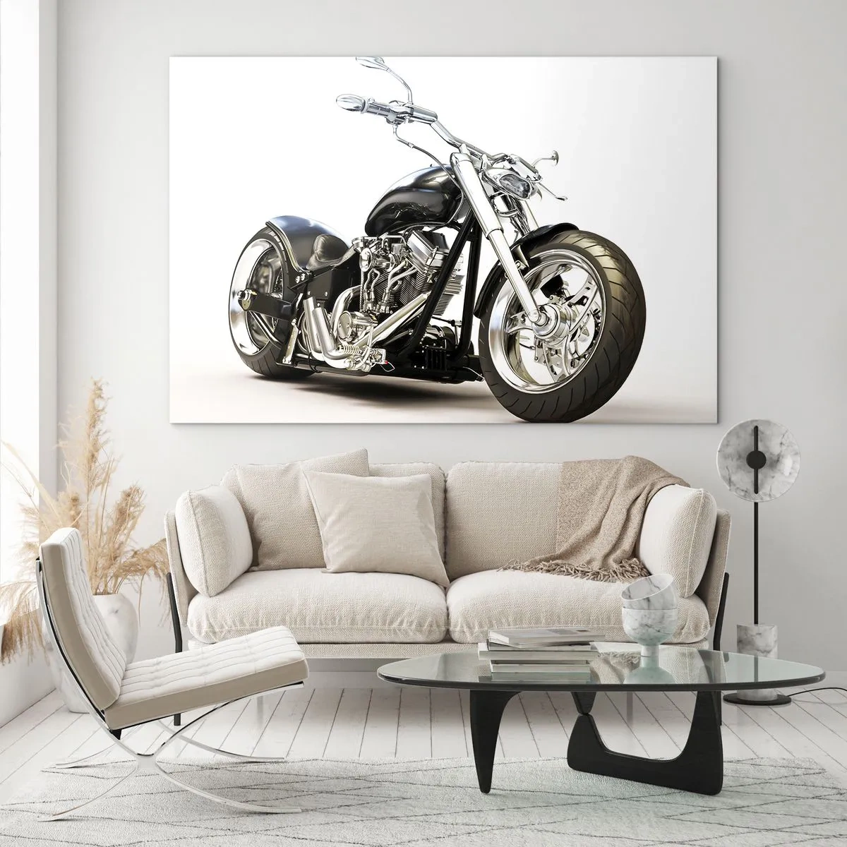 Obraz na szkle - Czarny motocykl typu chopper na jasnym tle - 70x50cm - Siła z charakterem - Nowoczesna dekoracja ścienna do salonu i sypialni ARTTOR