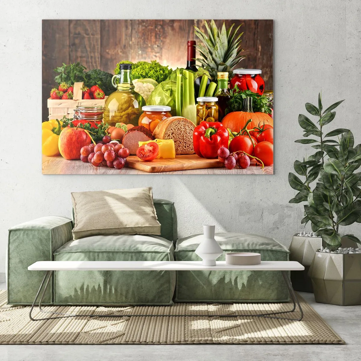 Obraz na szkle - Kolorowe warzywa, owoce, pieczywo i przetwory na drewnianym tle - 70x50cm - Wędzone, pieczone, marynowane - Nowoczesna dekoracja ścienna do salonu i sypialni ARTTOR
