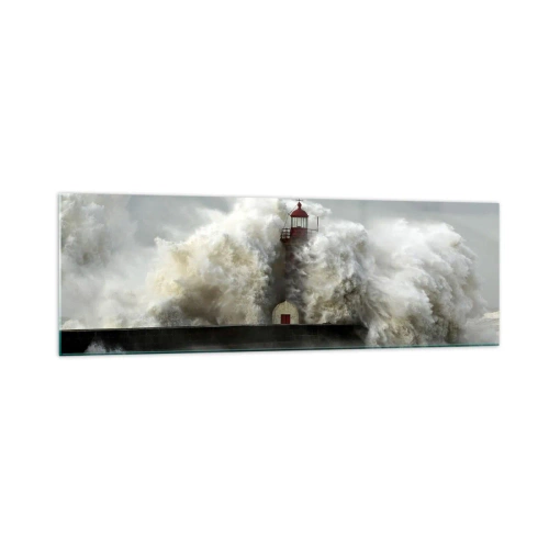 Obraz na szkle - Latarnia morska otoczona wzburzonymi falami podczas sztormu - 160x50cm - Gniew oceanu - Nowoczesna dekoracja ścienna do salonu i sypialni ARTTOR