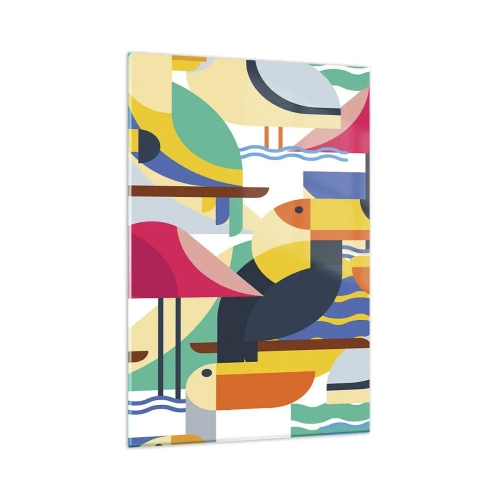 Obraz na szkle - Kolorowe ptaki w abstrakcyjnej, geometrycznej kompozycji - 80x120cm - Ptasie party - Nowoczesna dekoracja ścienna do salonu i sypialni ARTTOR
