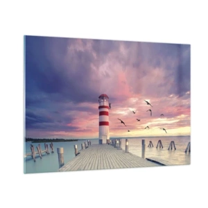 Obraz na szkle - Latarnia morska na molo o zachodzie słońca z lecącymi ptakami - 100x70cm - Pora do portu - Nowoczesna dekoracja ścienna do salonu, kuchni i sypialni ARTTOR