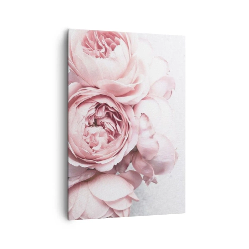 Obraz na płótnie - Różowe piwonie w delikatnym świetle na jasnym tle - 70x100cm - Dla romantyków - Nowoczesna dekoracja ścienna do salonu i sypialni ARTTOR