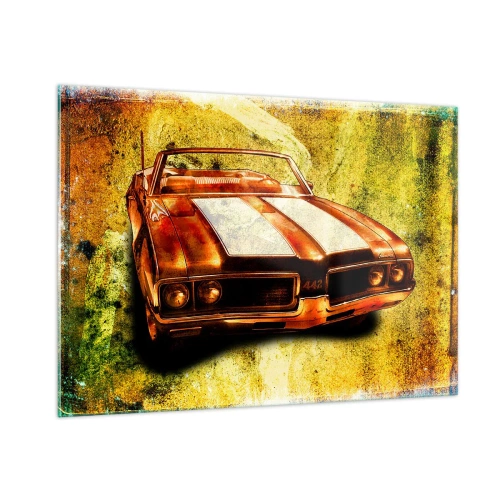 Obraz na szkle - Sportowy kabriolet w stylu vintage na artystycznym tle - 100x70cm - Moc zaklęta w kształtach - Nowoczesna dekoracja ścienna do salonu, kuchni i sypialni ARTTOR