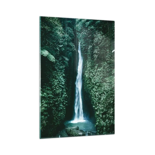 Obraz na szkle - Wodospad otoczony gęstą tropikalną roślinnością - 80x120cm - Tropikalny zdrój - Nowoczesna dekoracja ścienna do salonu i sypialni ARTTOR