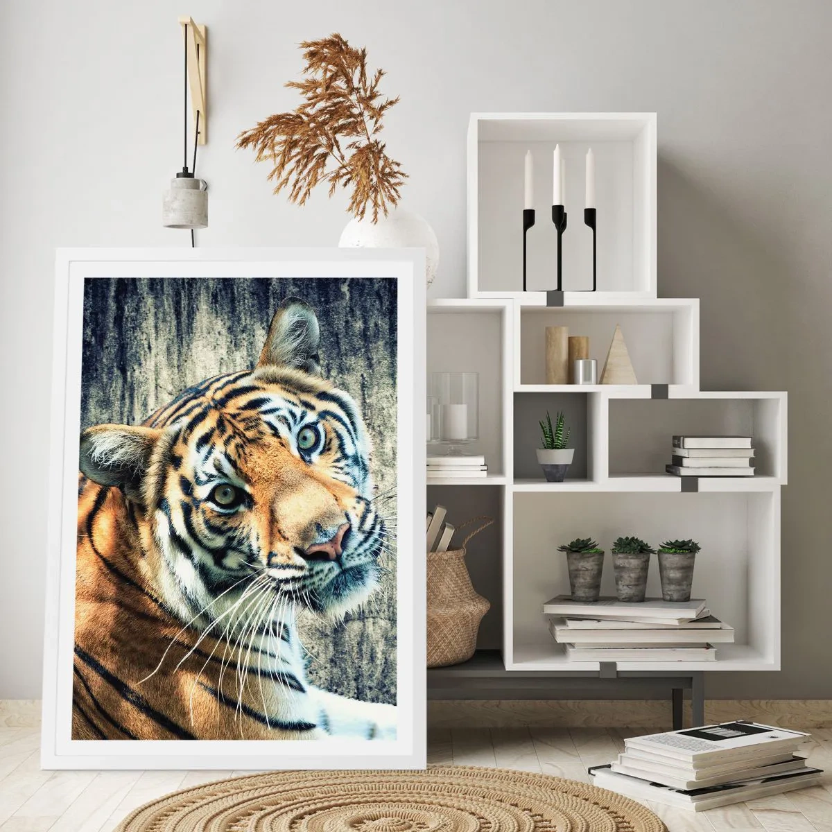 Plakat w białej ramie - Portret w strugach światła - 50x70 cm