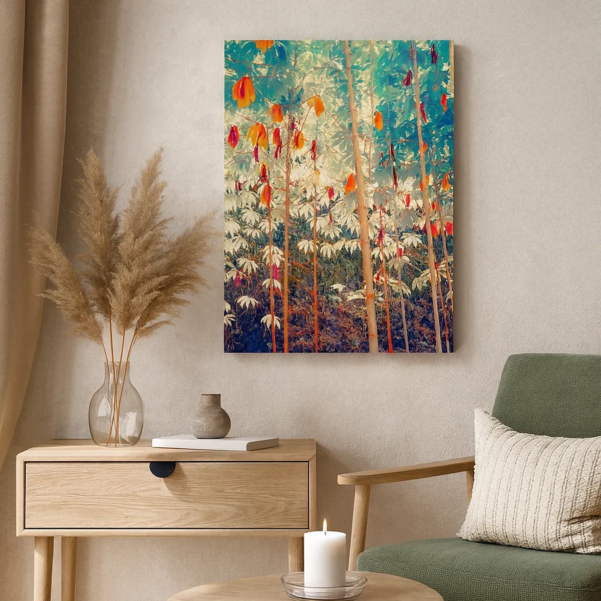 Obraz na płótnie - Kolorowy gaj bambusowy z liśćmi w odcieniach zieleni, pomarańczu i bieli - 50x70cm - Tajemne życie liści - Nowoczesna dekoracja ścienna do salonu, kuchni i sypialni ARTTOR