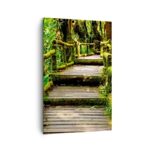 Obraz na płótnie - Drewniany most porośnięty mchem w tropikalnym lesie deszczowym - 80x120cm - Korytarzem zieleni - Nowoczesna dekoracja ścienna do salonu i sypialni ARTTOR
