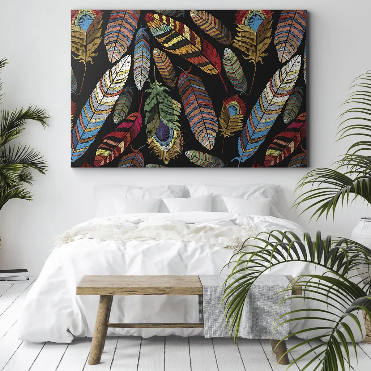 Obraz na płótnie - Kolorowe pióra na czarnym tle - 70x50cm - Ptasi karnawał - Nowoczesna dekoracja ścienna do salonu i sypialni ARTTOR