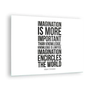 Obraz na szkle - Cytat o wyobraźni w minimalistycznej typografii - 70x50cm - Einstein o mocy wyobraźni - Nowoczesna dekoracja ścienna do salonu i sypialni ARTTOR
