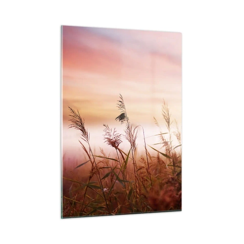 Obraz na szkle - Łąka w porannej mgle z pastelowym niebem - 50x70cm - Latawce, dmuchawce, wiatr - Nowoczesna dekoracja ścienna do salonu, kuchni i sypialni ARTTOR