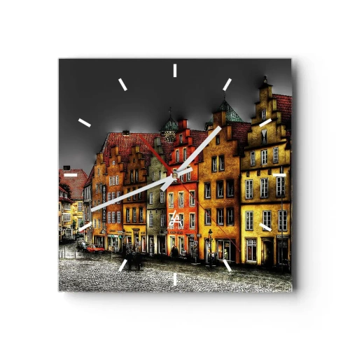 Zegar ścienny - Kolorowe kamienice przy brukowanej ulicy w zabytkowym mieście - 30x30cm - Brakuje tylko zaczarowanej dorożki - Nowoczesna dekoracja ścienna do salonu i sypialni ARTTOR