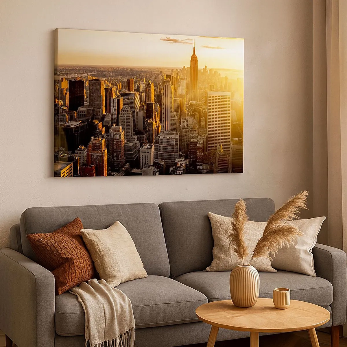 Obraz na płótnie - Panorama Nowego Jorku o zachodzie słońca z widokiem na Empire State Building - 70x50cm - Rosnąc w słońcu - Nowoczesna dekoracja ścienna do salonu i sypialni ARTTOR